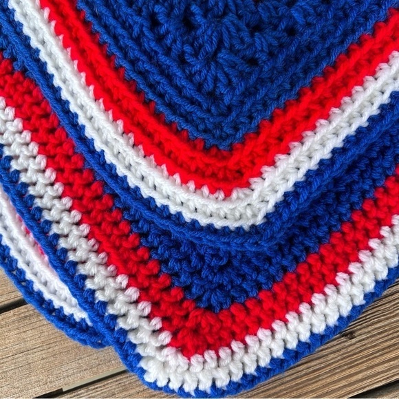 Handmade Patriotic Crochet Afghan 3D Flower Squares Red White Blue Stripe Trim - Picture 7 of 8
